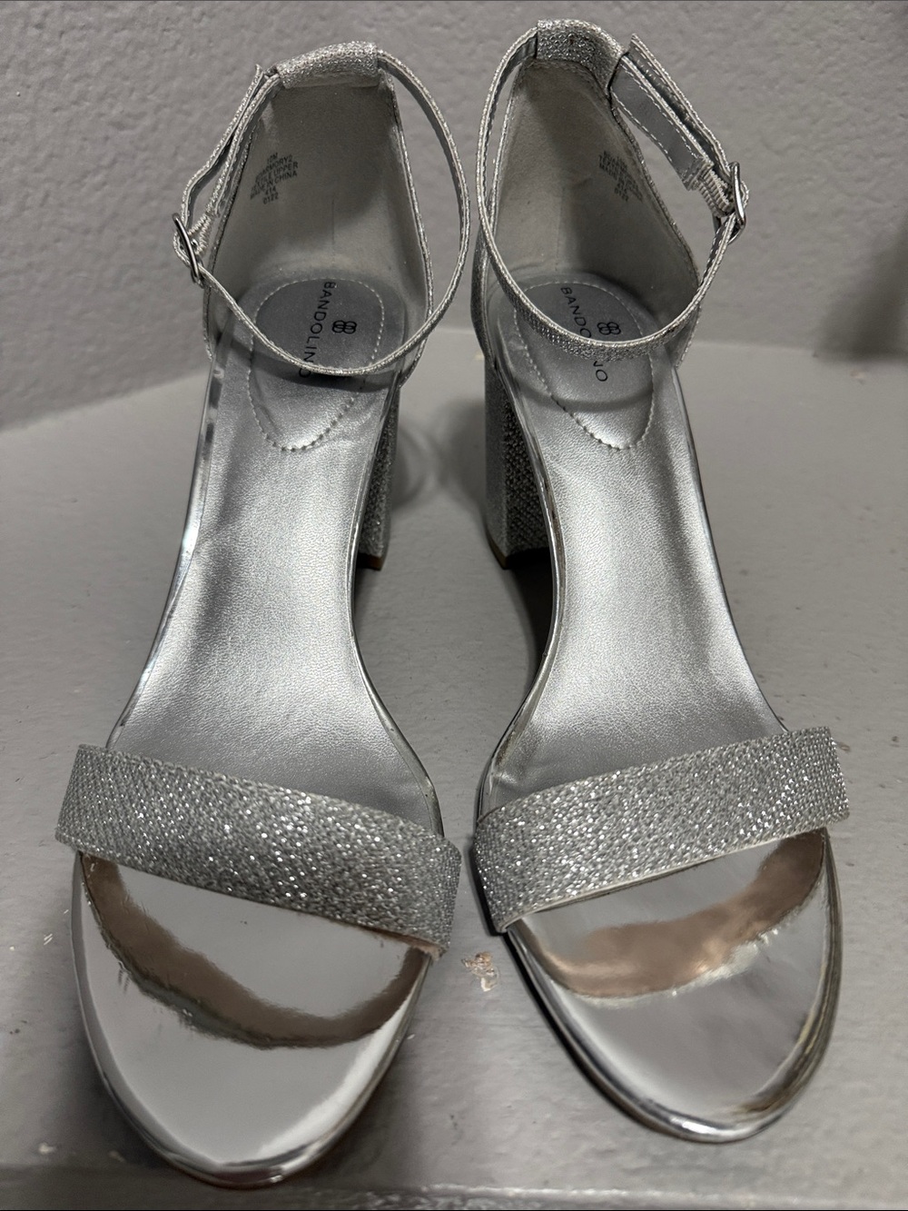Bandolino Silver Glitter Ankle-Strap Block Heels